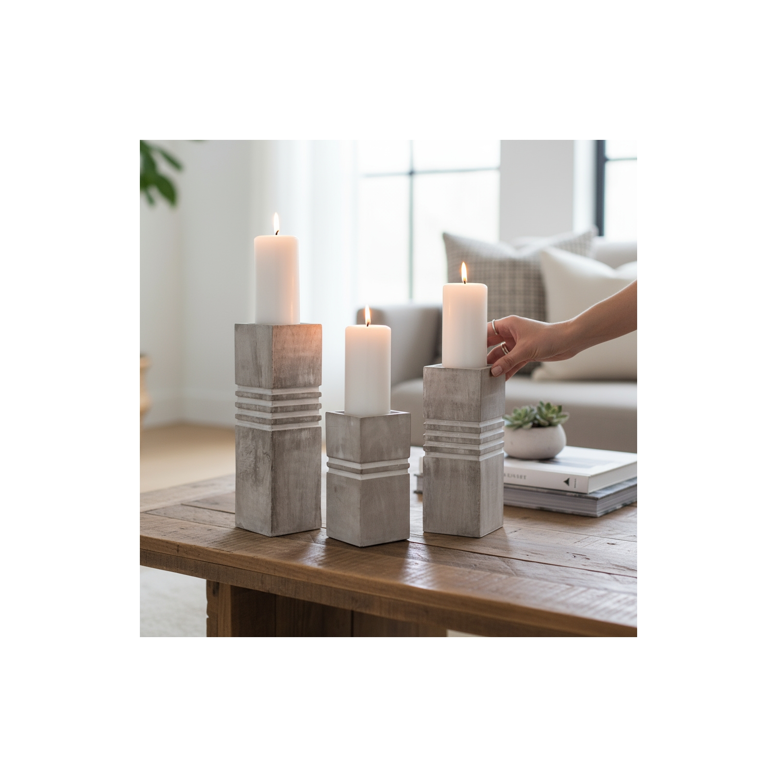 S/3 Cubic Pillar Candleholders- Bleached Wood 